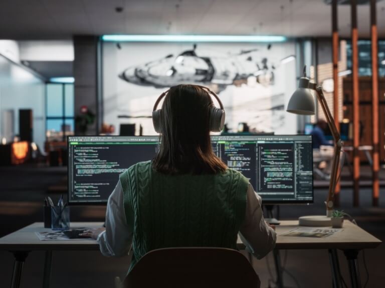 back view of musician working on computer