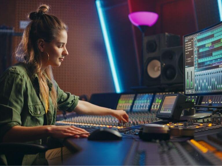 Female composer using the mixing desk in a studio.