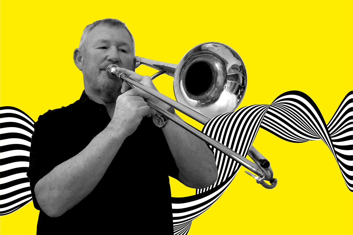 Photograph of a musician playing a brass instrument and looking out towards the camera, the photo is black and white collaged on a yellow background, with graphic black and white stripes twisting.