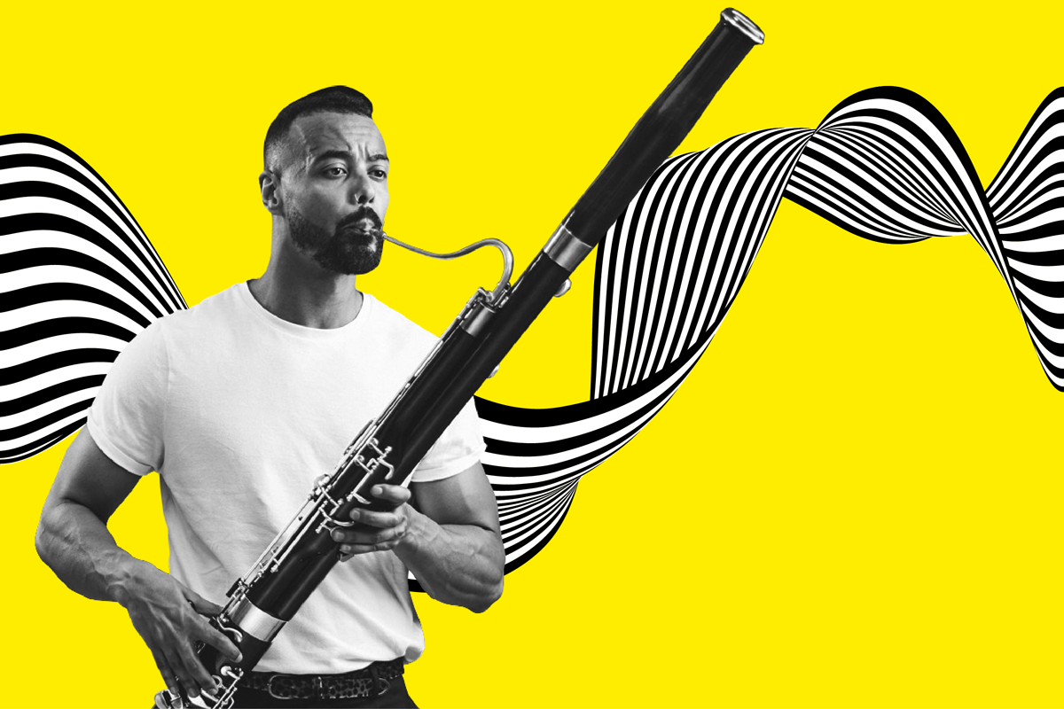Graphic design on a twisting black and white shape on a bright yellow background, with a photograph of a musician performing on the bassoon with a concentratred expression on his face.