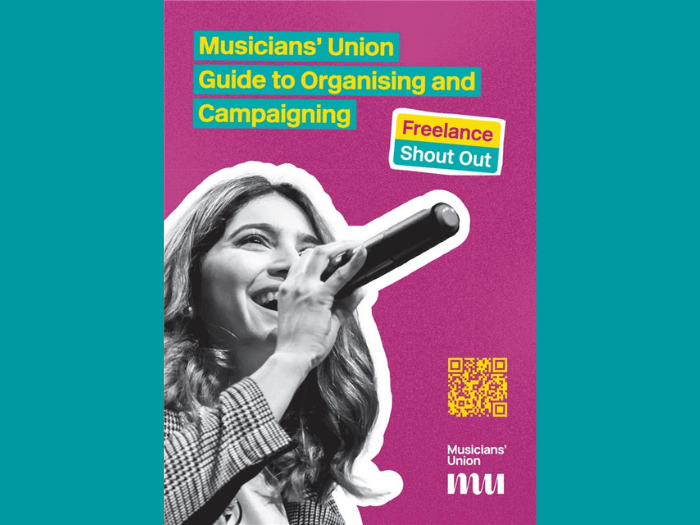 Cover of the Union's guide to organising and campaigning. Featuring a singer in black and white over a purple background.
