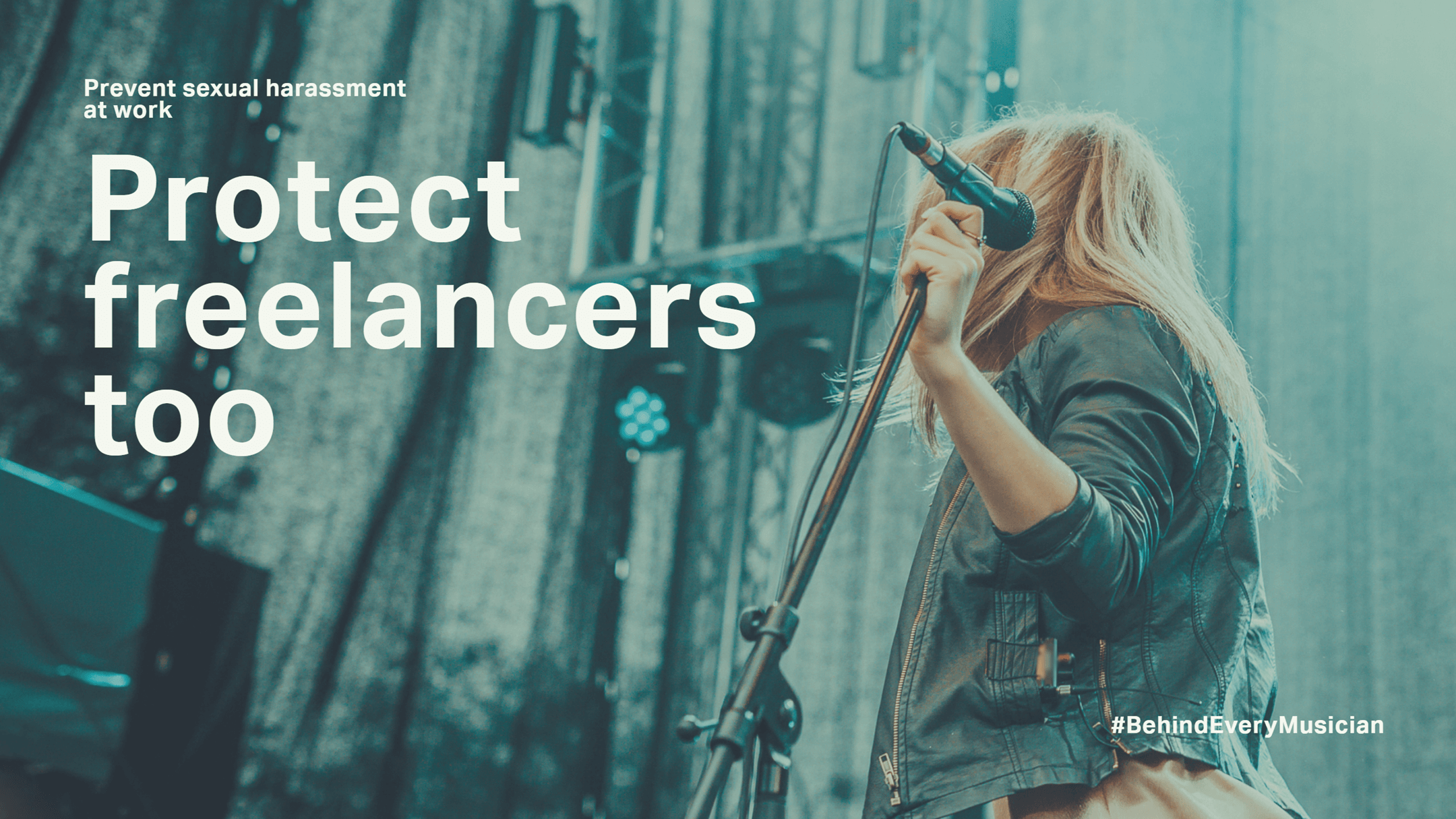 woman on stage turning around, with designed text: Protect Freelancers too