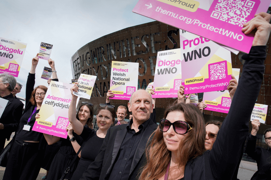 Members holding Protect WNO placards as part of a campaign in Cardiff. Photo by Alistair Heap/PA Media Assignments