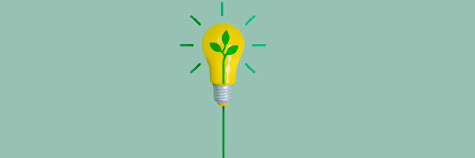 Illustration of a yellow lightbulb with a green leaf inside representing ideas, against a turquoise grey background.