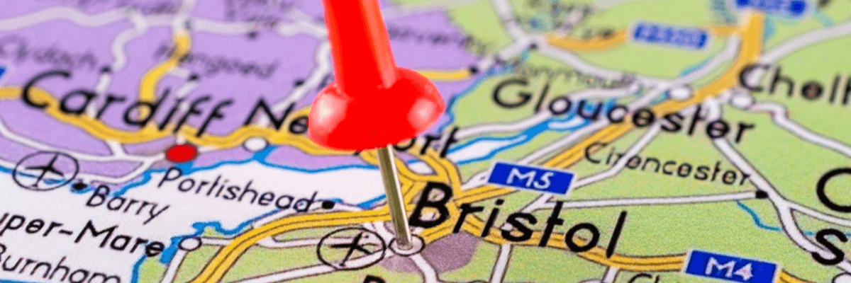 Close up of a red pin on Bristol and surrounding area on a map.