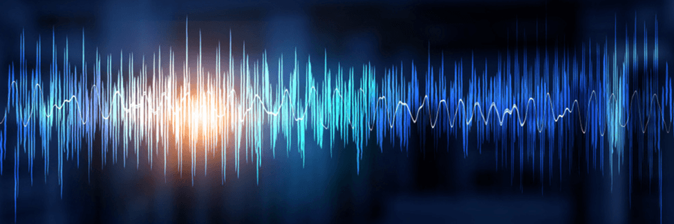 Blue digital sound waves over a black background.