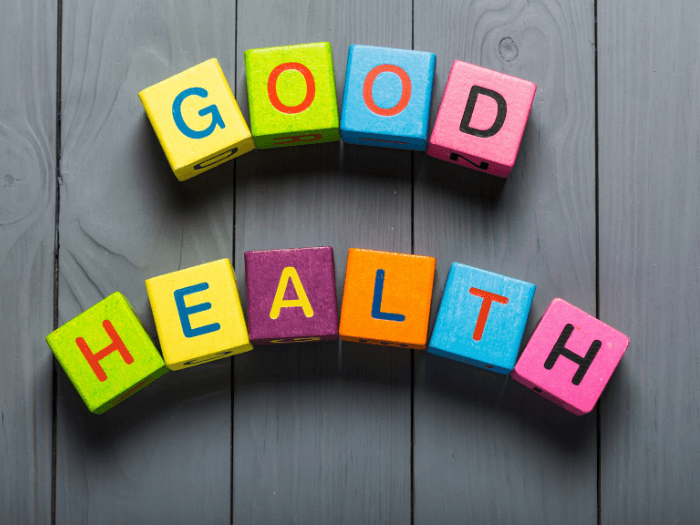 Multi-coloured wooden blocks spelling 'Good Health'