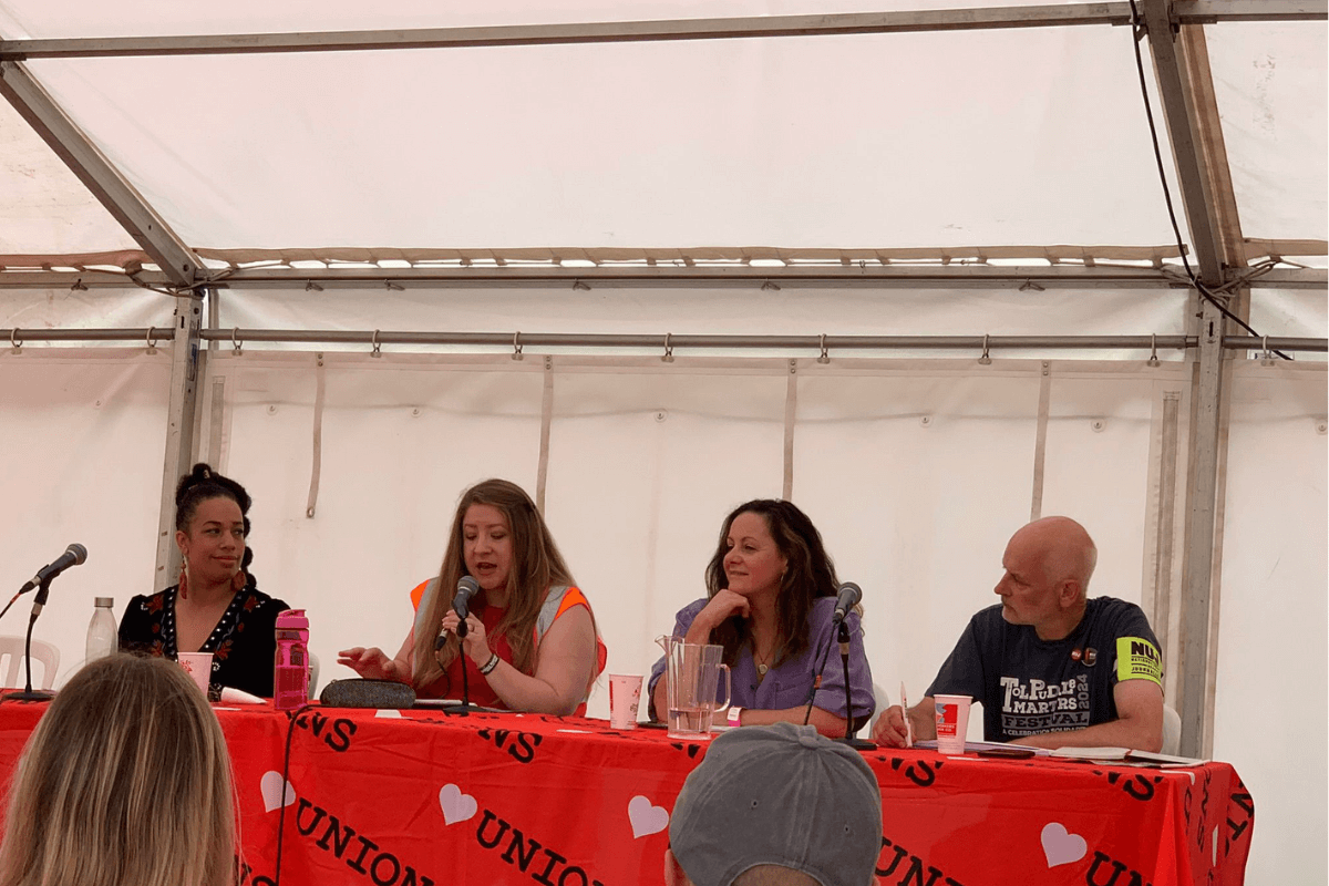 MU member Lady Nade and MU Official Sinead McCarney on the Creative Arts Panel at Tolpuddle Festival 2024.