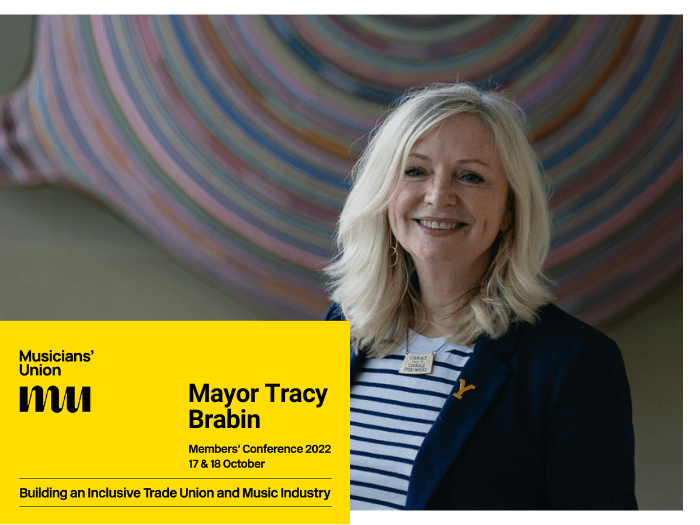 Mayor Tracy Brabin smiling, with graphic: Mayor Tracy Brabin at MU Members' Conference 2022