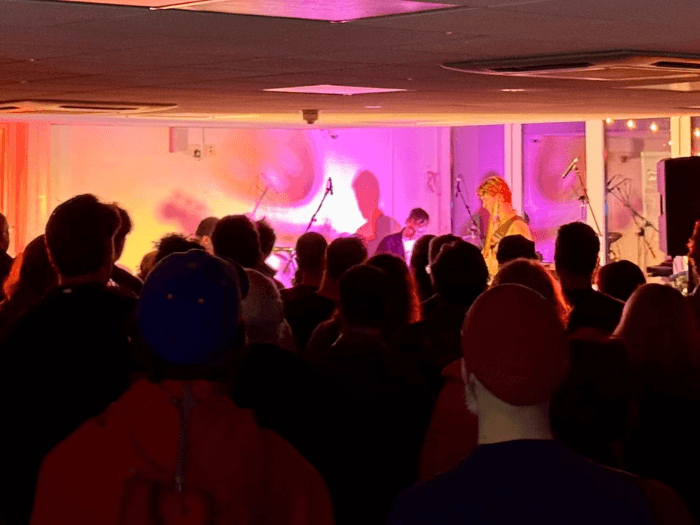 A crowd standing watching two musicians on an indoor stage.