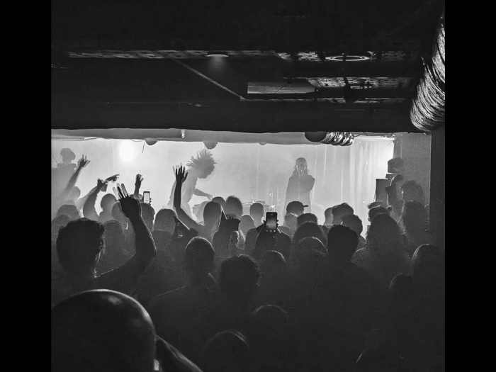 A black and white photo of a lively crowd at a rock concert.
