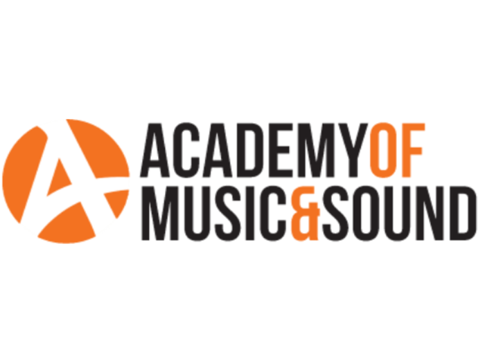 Academy of Music & Sound written in black and orange with logo next to it of an orange circle with a white A going through