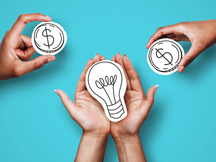 Three pairs of open hands holding cartoon cut out images of a lightbulb, and two coins with dollar signs on, against a bright blue background.