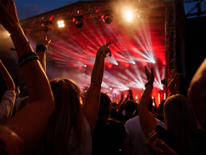 Silhouettes of crowd at concert in front of stage with bright spotlights.