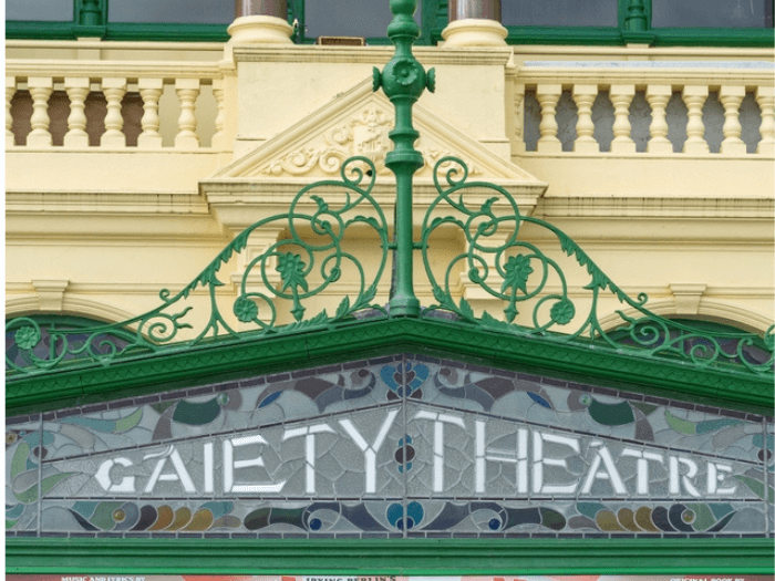 Glass signboard on the frontage of the Gaiety Theatre, IoM.