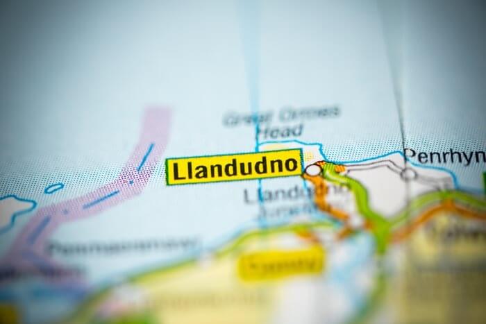 Close up of Llandudno on a road map.