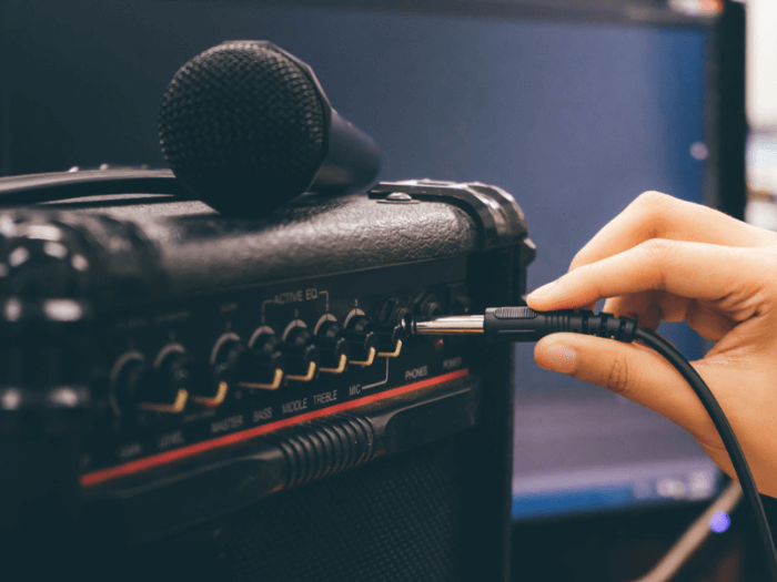 A hand plugging a microphone into a speaker.