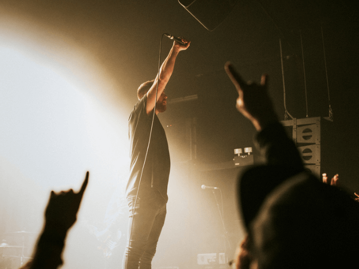 A musician standing on stage holding a microphone.