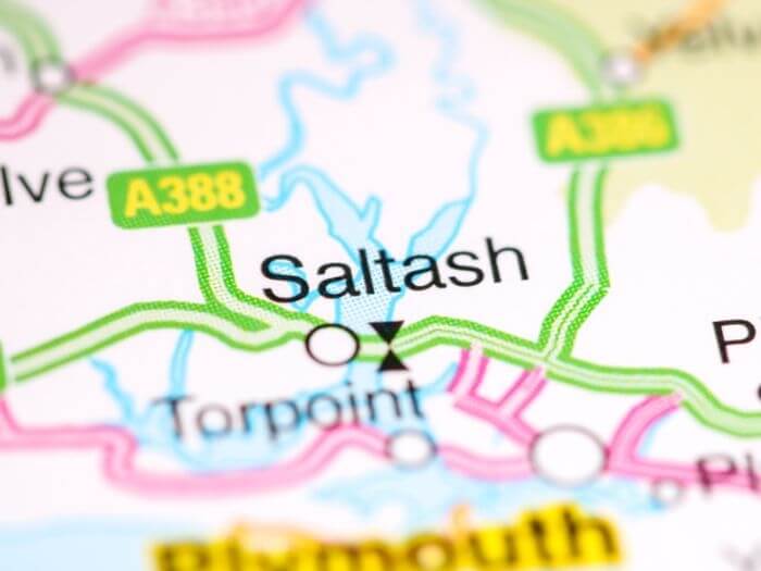 Close up of Saltash on a road map.