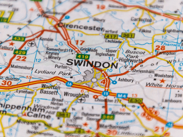 Close up of Swindon on a road map.