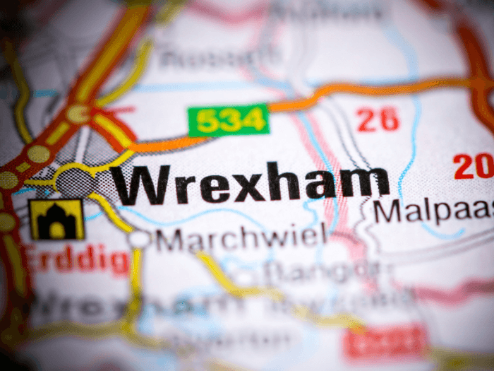 Close up of Wrexham on a road map.