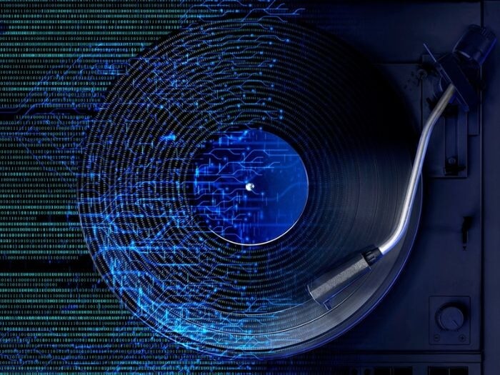 Generative AI concept, a turntable with sound wave graphics merging into computer coding.