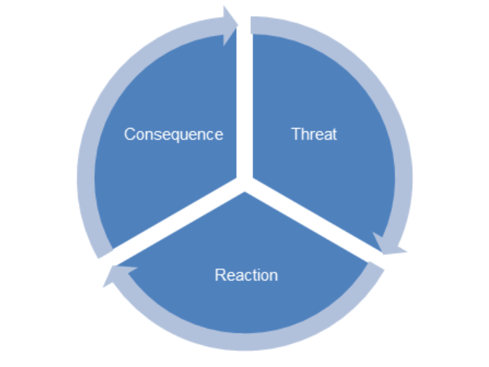 A blue cycle diagram, showing threat, reaction and consequence as all connected as part of this cycle.