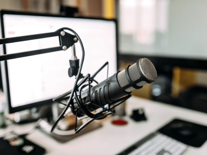 Close up of news microphone and computer screen as a recording set up.