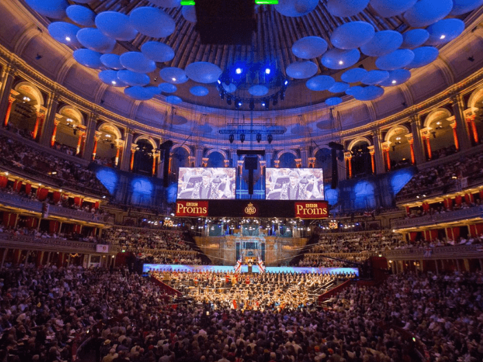 The BBC Symphony Orchestra performs on a lit up stage at the last night of the BBC Proms festival of classical music at the Royal Albert Hall in London.