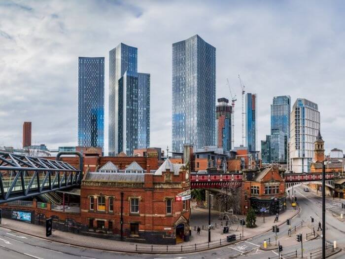 Panorama of Deansgate area, Manchester, backed by the Deansgate Square skyscraper complex.