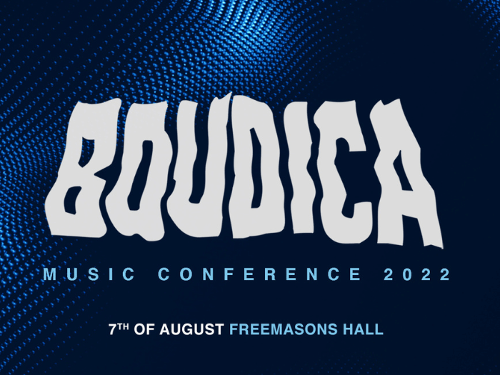Dark blue background with subtle mesh microphone print, the text over this reads 'Boudica' in white and gives the date and venue of event.