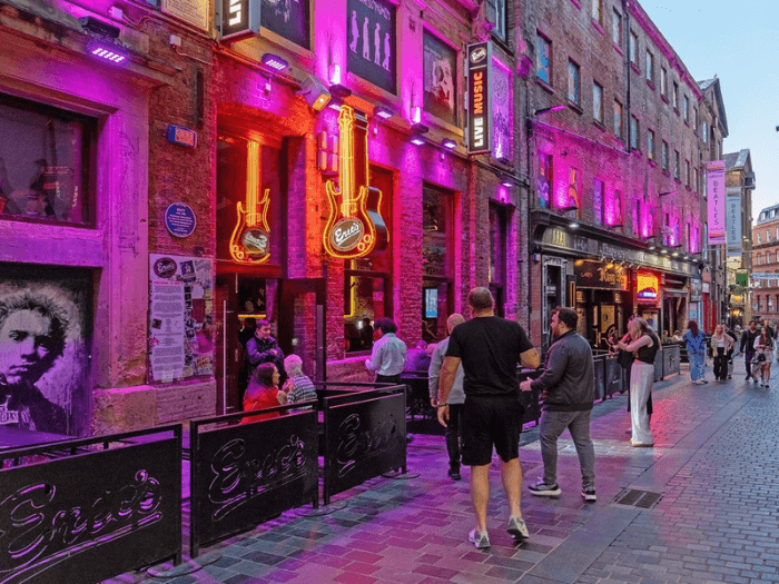Afternoon shot of Liverpool's Cavern Quarter with bars and music venues lit up.
