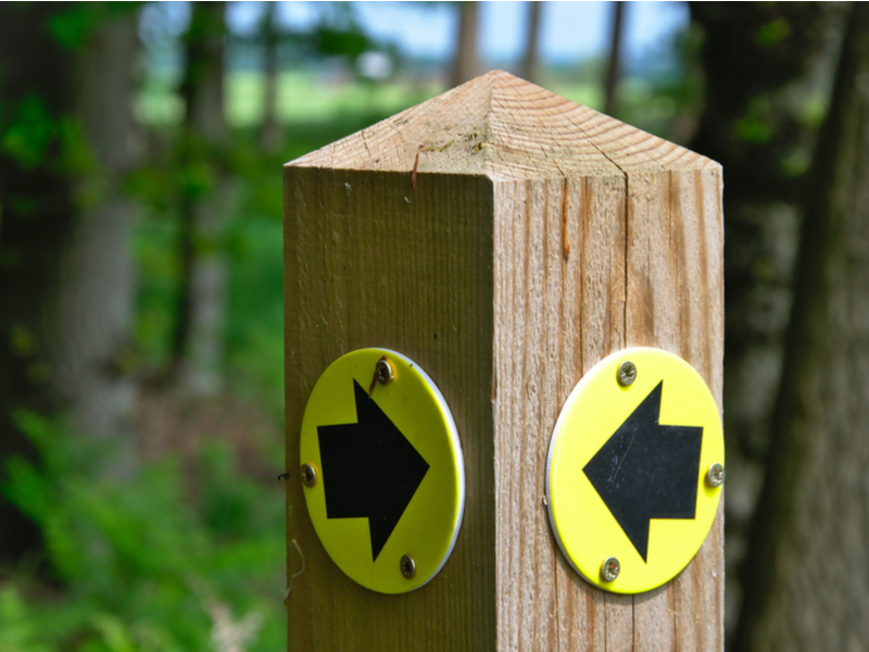 Photograph of a confusing sign post, arrows indicating the same thing are pointing in different directions.