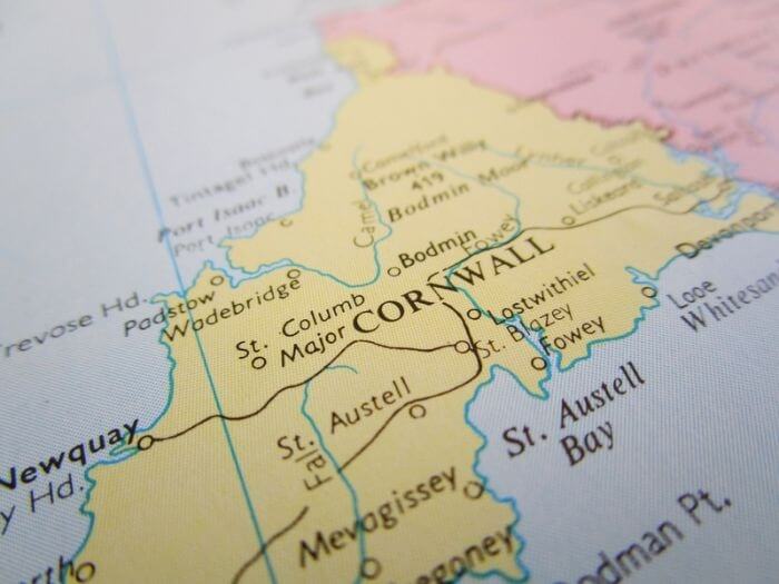 Close up of map of Cornwall.
