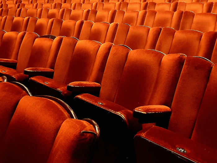 Empty red velvet theatre seats.