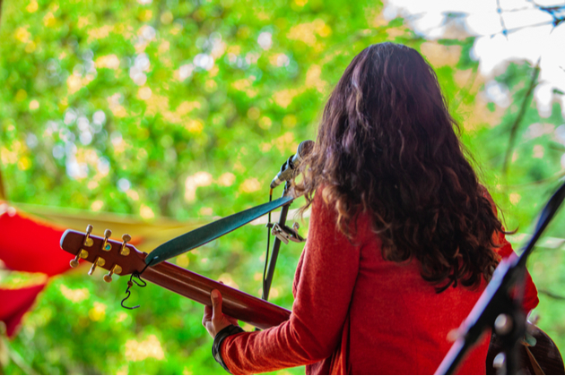 A photograph of a female folk musician on stage.