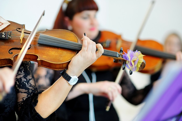 Photograph of two people playing fiddle at a wedding. Photo credit: Shutterstock