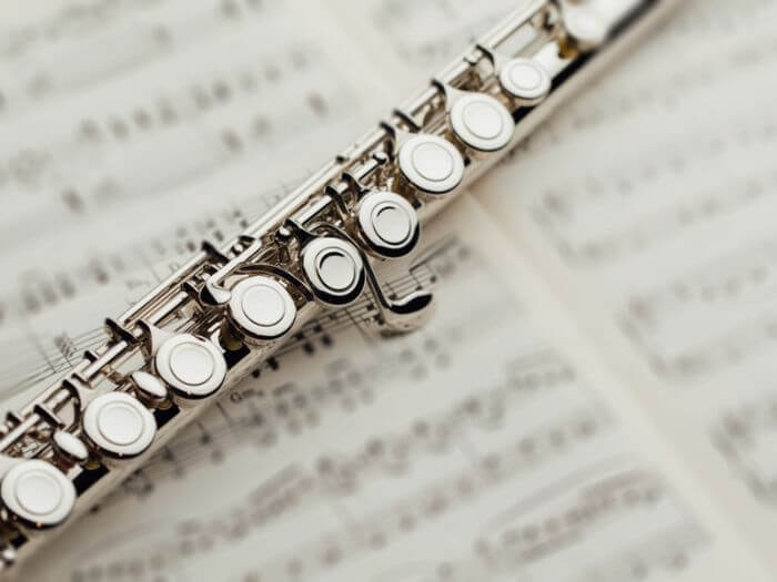 Close up of a flute on a music sheet.