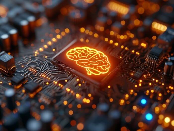 A circuit/motherboard with orange lights, a button with a human brain design is in the centre.