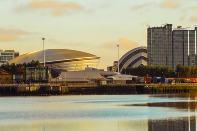 Riverside of the Clyde at Pacific Quay. The Clyde Auditorium, SSE Hydro concert venue