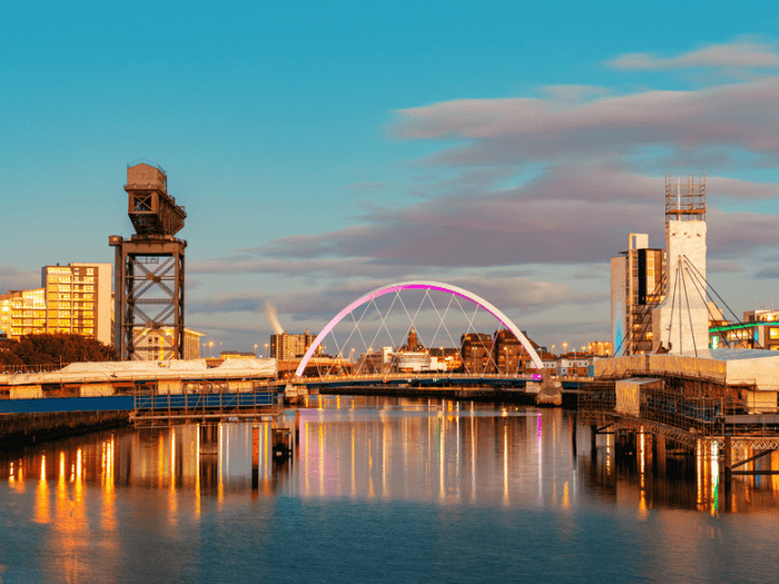Glasgow city waterfront view at dusk.