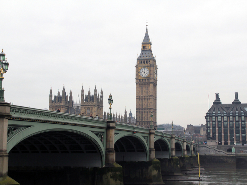 Grey skys over westminister bridge, with the houses of parliament and big ben in view in the background.