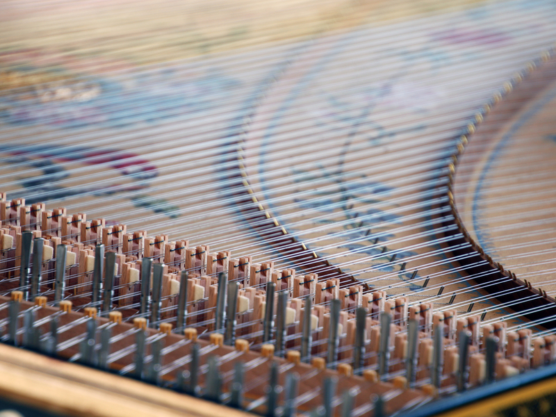 Photograph of the inside of a harpsichord instrument.
