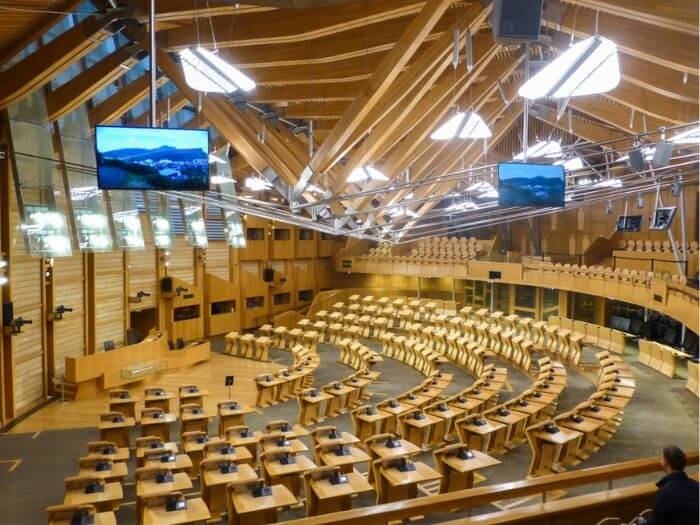 Inside of the circular, Scottish Parliament interior debating chamber.