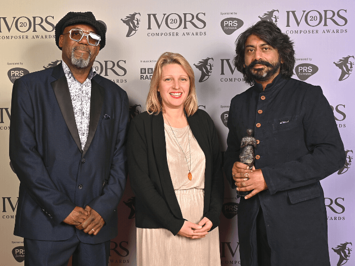 Innovation Award recipient Talvin Singh with presenters Orphy Robinson and Naomi Pohl.