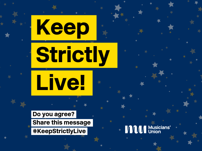 Dark blue background with stars, with a banner reading #keepstrictlylive.