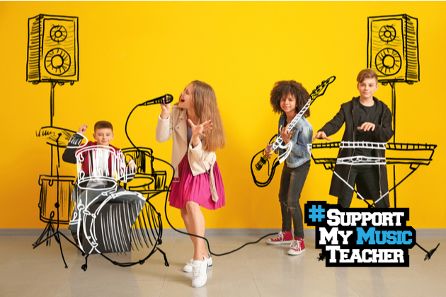 Kids playing in an imaginary band to support their music teacher