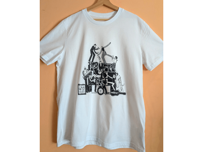 The white M U x LMHR t-shirt on a hanger.