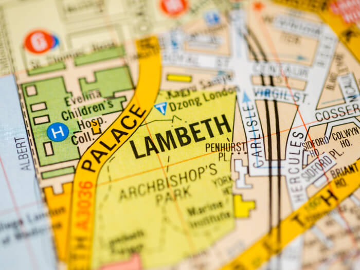 Colourful map of Lambeth showing Archbishop's park and the surrounding areas
