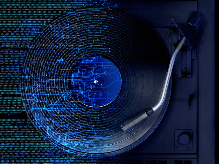 A record player with lines of code to represent artificial intelligence and music.